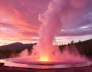 Geyser eruption in a national park, pink clouds in the background at sunset. Grand Prismatic Spring.