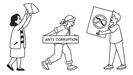Anti-Corruption Protest Line Art: People Advocating for Change with Signs and Papers