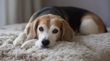 Obraz premium Cute beagle dog sleeping peacefully on a soft, fluffy blanket at home. 