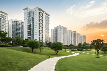 Obraz premium Modern Apartment Buildings with Green Park and Winding Pathway at Sunset residential complex