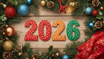 Vibrant stitched digits 2026 in a  Christmas arrangement including red, green, blue, and yellow, placed on a festive Christmas decorations flat lay wooden background,ai generative