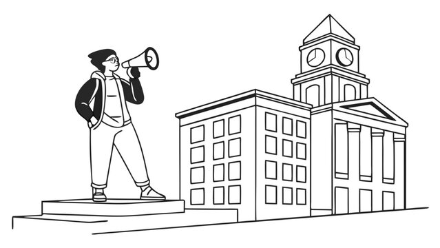 Young Activist with Megaphone at Public Building. Protest, Free Speech, Public Speaking, Social Justice, Announcement Concept