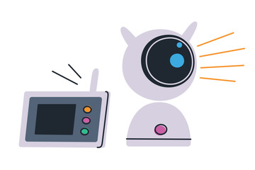 Flat cartoon vector illustration of baby monitor device for smart home. Wireless camera with screen, modern technology for baby care, safety, parenting, nursery equipment, family protection