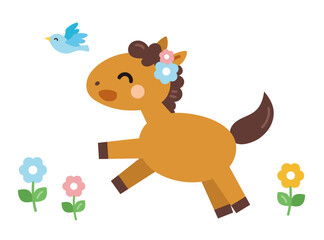 花畑で遊ぶ小鳥と馬のイラスト