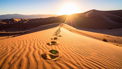 Footprints on Desert Dune under the Sun, a Journey of Exploration in Arid Landscape