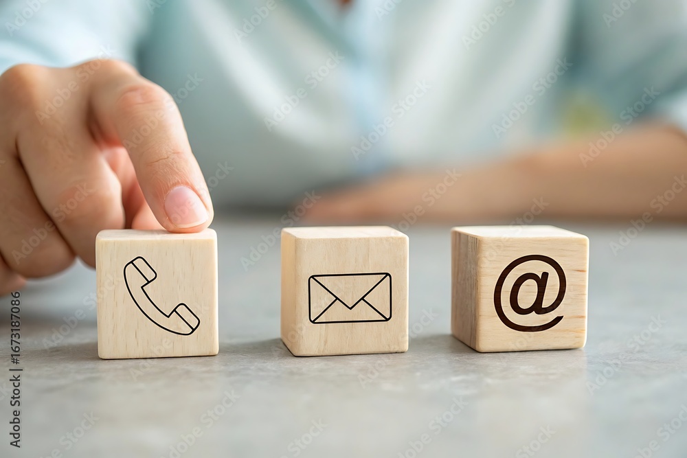 Poster finger touching wooden blocks with icons of telephone envelope and email for communication and conta