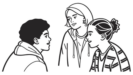 Obraz premium Diverse youth group in conversation, black and white line art illustration of social interaction and friendship