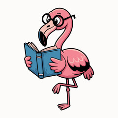 Cute Flamingo Reading Book | Pink Bird Mascot with Glasses | Educational Animal Cartoon