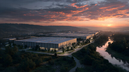 A vast warehouse complex showcases solar panels reflcting sunlight, nestled amng trees and grassy areas uring a picturesque sunsetin an industrial zone