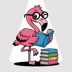 Cute Flamingo Reading Book | Pink Bird Mascot with Glasses | Educational Animal Cartoon