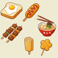 Cute Street Food Vector Set | Ramen, Toast, Hotdog, Skewers, Ice Cream & Candy Illustration