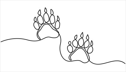 Continuous one line drawing of a animal paw pad, Dog paw one line art, Continuous one line drawing of cat or dog footprint minimal outline vector illustration

