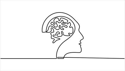 Continuous one line drawing of human brain. Hand drawn minimalism style. Human brain single line art. Hand drawn minimalism style, Brain line art vector illustration, psychology, idea and intelligence