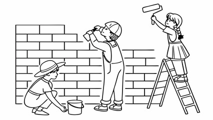 Children building a brick wall and painting. Kids construction project, teamwork, and DIY activity line art.