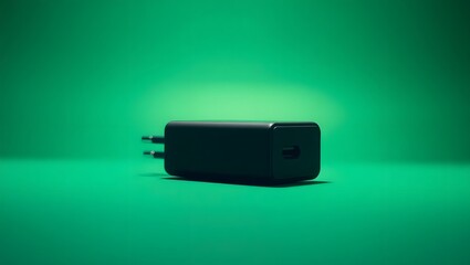 A close up shot of a black charger with two pins against a green background in a studio setting