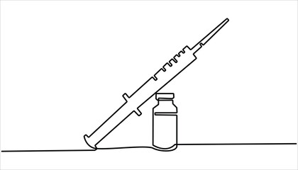 One continuous line drawing of medicine set with syringe and vial, Medical syringe and medicine vial. Pharmaceutical components and vaccine symbol in simple linear style. Editable stroke.

