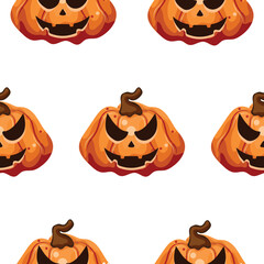 pattern with bright orange pumpkins with scary Halloween facial expressions, for holiday decor, textiles or packaging