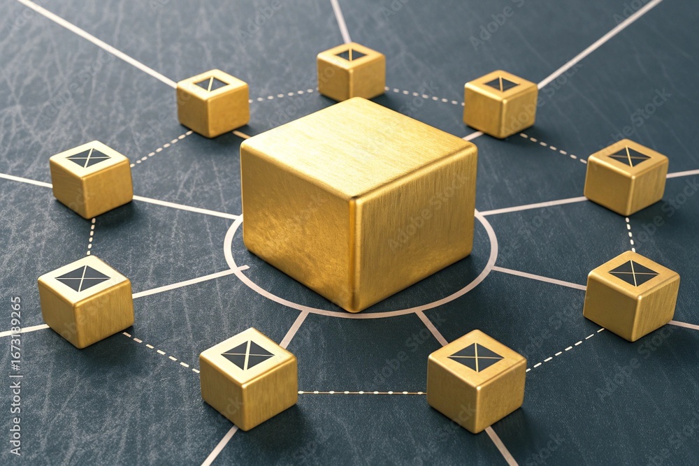 Poster golden cubes connected in a network with a central larger cube connection data