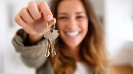 Happy woman holding keys with a smile.