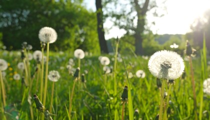 Tranquil Dandelion Meadow Bathed in Golden Sunlight, Capturing Serenity
