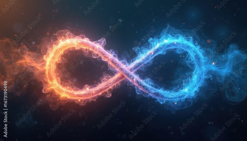 Poster infinity loop symbol composed of glowing orange, blue energy streams. abstract digital background wi