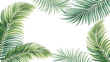 Watercolor painting of tropical palm leaves isolated on transparent background, creating a vibrant and refreshing summer vibe for designs