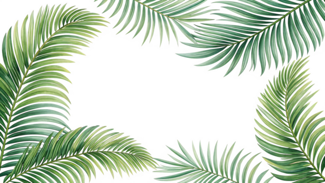 Watercolor painting of tropical palm leaves isolated on transparent background, creating a vibrant and refreshing summer vibe for designs