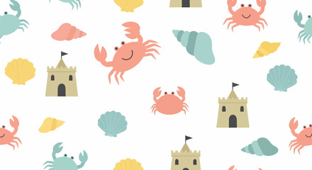 Adorable Cartoon Crabs and Seashells Pattern with Sandcastles. © Amir