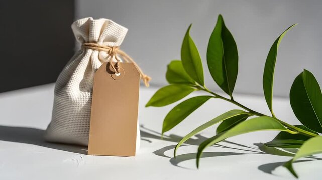 Sustainable Branding Display: Canvas Bag with Eco-Friendly Label and Green Foliage Mockup Promoting Earth-Conscious Commerce and Zero Waste Movement