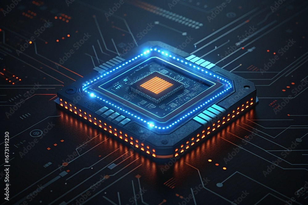 Aufkleber close-up of a glowing computer processor chip with intricate circuitry and blue lights computer chip