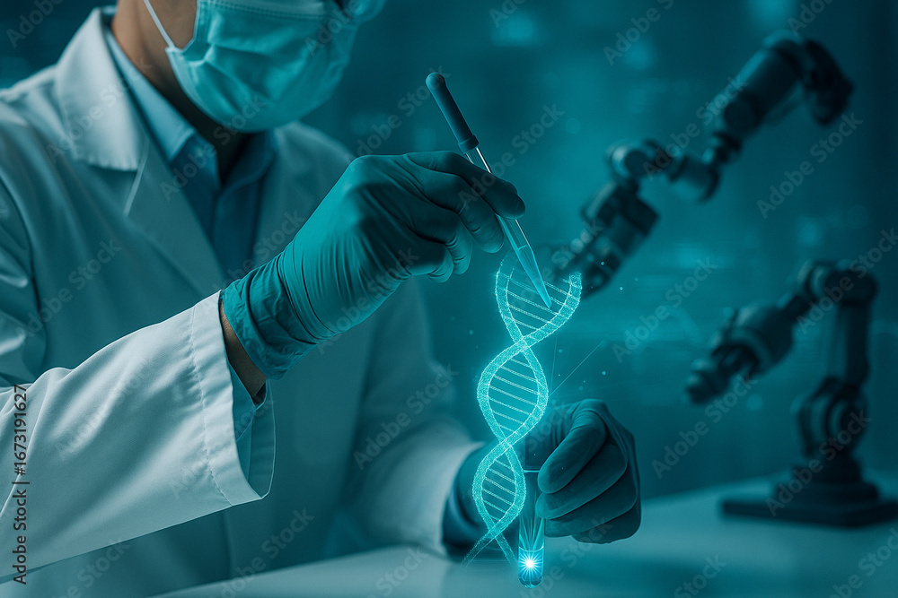 Aufkleber ai generated conceptual image of scientist using pipette with glowing dna hologram and robotic arms 