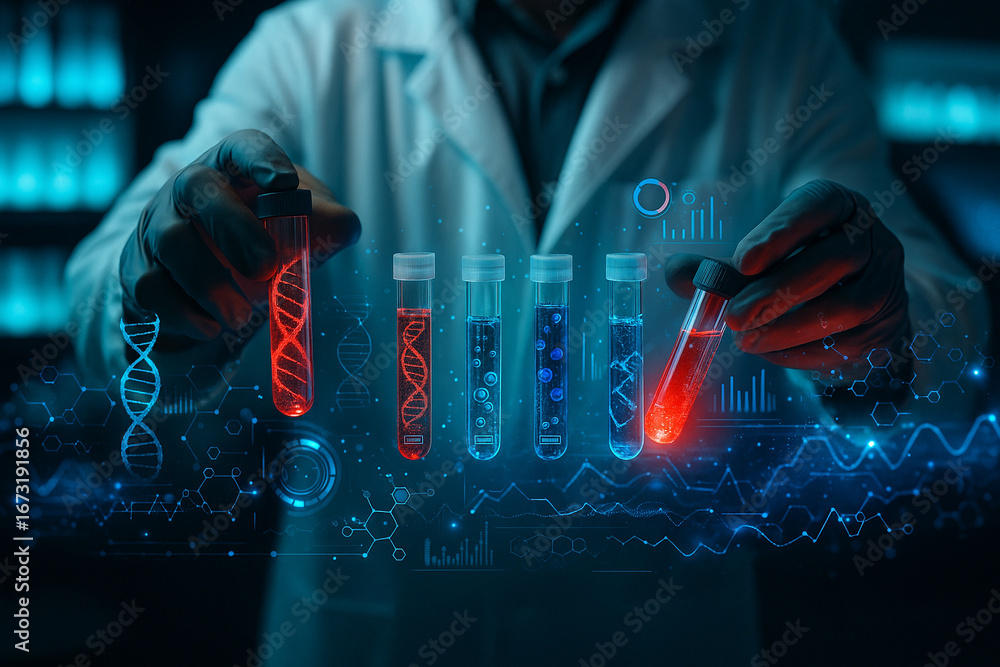 Poster ai generated conceptual image of biotechnology research scientist handling glowing test tubes with h