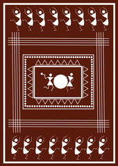 Indian Traditional and Cultural Warli style design line drawings isolated on dark brown background - vector illustration