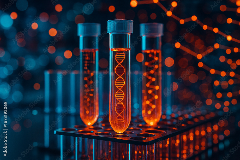 Poster ai generated conceptual biotechnology image showing glowing test tubes with digital molecular graphi