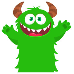 Cartoon cute monster with funny face expression waving hands. Halloween vector illustration 
