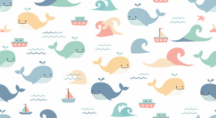 Adorable Cartoon Whales and Ships in a Playful Ocean Pattern.