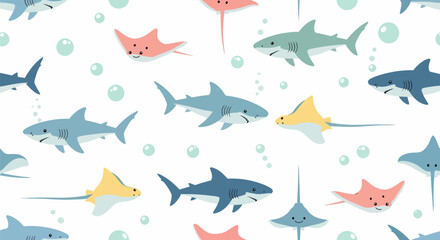 Cartoon Sharks and Rays Swimming with Bubbles Seamless Pattern Design.