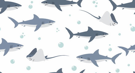 Cartoon Sharks and Stingrays Seamless Pattern Gray Blue Underwater Marine Life Illustration.