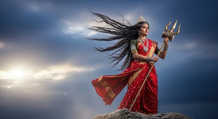 Powerful hindu goddess durga standing on a rock with a trident against a dramatic sky