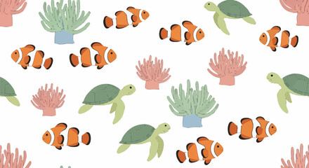 Cartoon Sea Turtles and Clownfish Seamless Pattern.