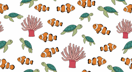 Colorful Cartoon Pattern of Clownfish Sea Turtles and Coral Reefs.