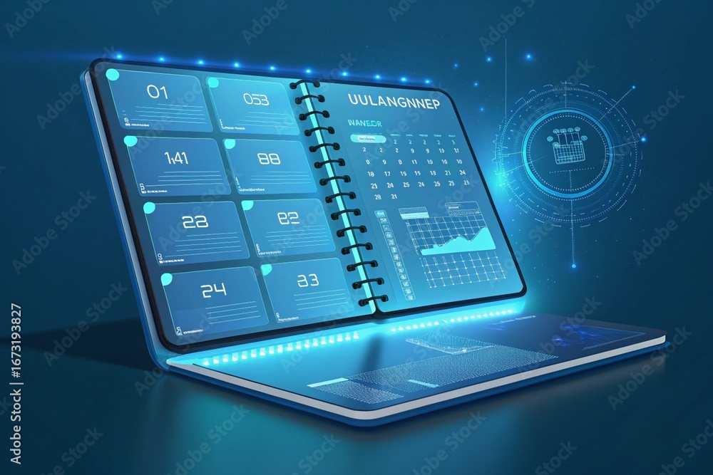 Poster futuristic digital tablet displaying calendar and data with blue glow technology screen