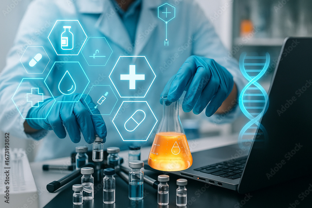 Poster ai generated conceptual biotechnology image showing scientist with test tubes and digital hologram g