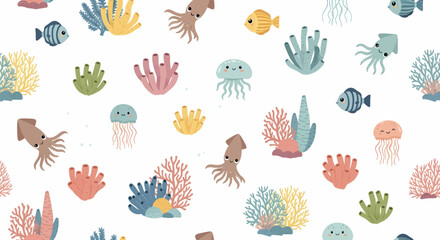 Colorful Cartoon Sea Creatures and Coral Reef Elements Seamless Pattern.