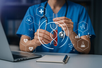 AI generated conceptual of medical research showing scientist in blue scrubs holding red liquid test tube with digital hologram hexagons DNA and molecular graphics symbolizing biotechnology progress