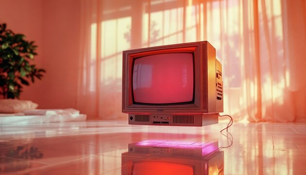 Retro television with glowing red screen in a softly lit room with sheer curtains, evoking nostalgia