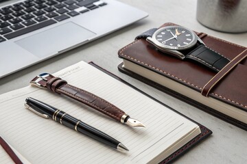 Leather Bound Notebook with Fountain Pen and Wristwatch on a Laptop image photo