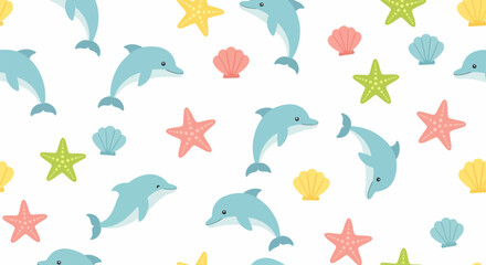 Cute cartoon marine life seamless pattern featuring playful blue dolphins colorful starfish and various seashells.