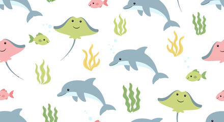Cute Cartoon Marine Animals Seamless Pattern with Dolphins Rays and Fish.