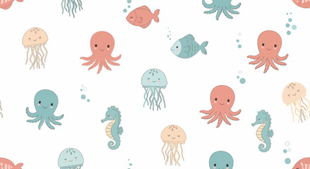 Cute cartoon sea creatures seamless pattern featuring pink octopuses teal jellyfish and seahorses.